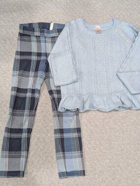 Janie and Jack Skyline Blue Jacquard Plaid Leggings (with Gymboree sweater)